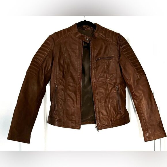 Jackets & Blazers - Genuine Leather Moto Jacket - Carmel coat